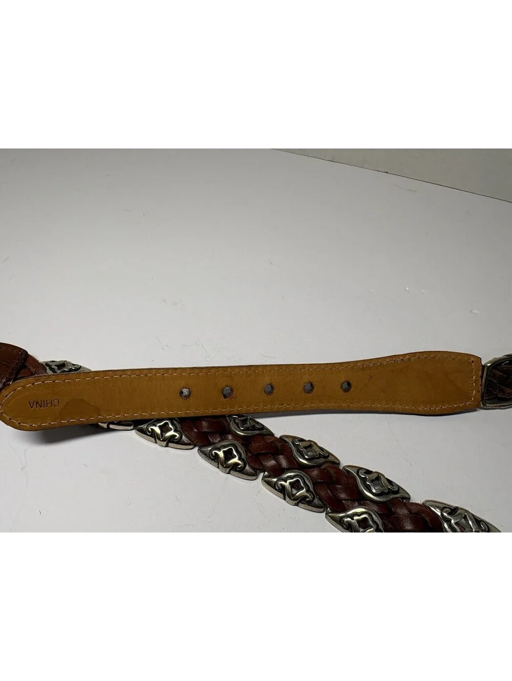 BRIGHTON Brown Leather Braided Belt 91807 Silver Tone Buckle & Conchos Size Med